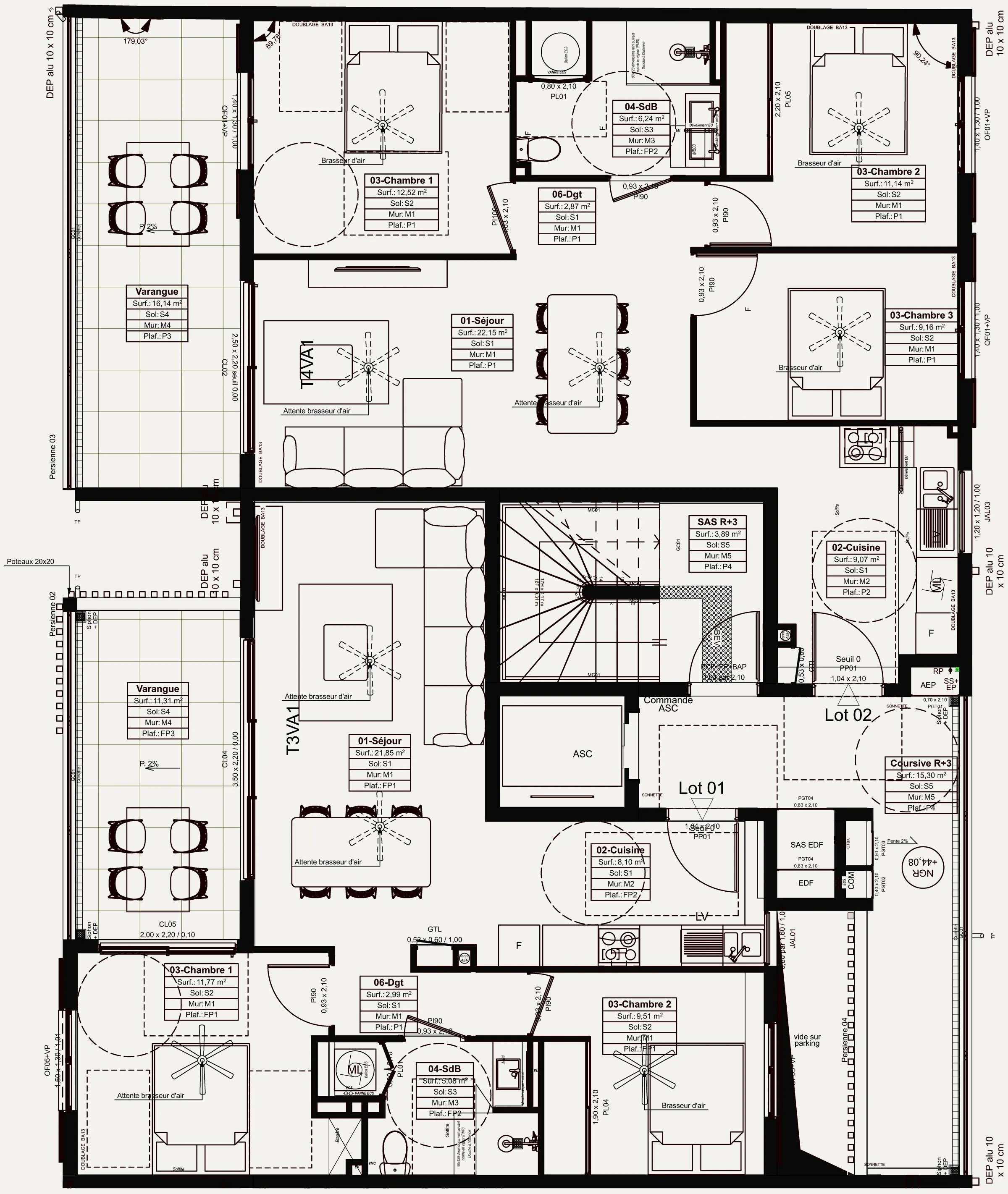 Plan de rez-de-chaussée en phase DCE : repérage des lots, tableaux de surfaces et de traitements sol, mur et plafond, nomenclature des menuiseries.
